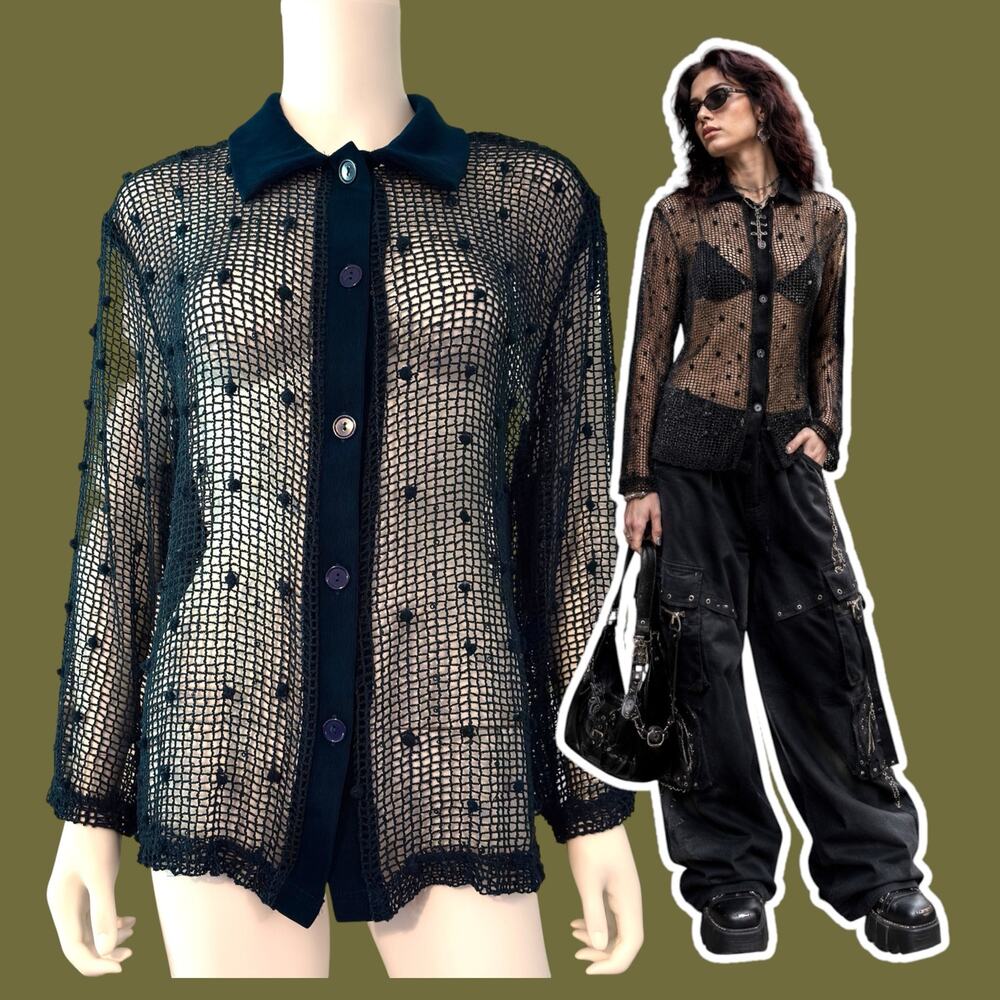 Sheer Black Mesh Button-Up Blouse